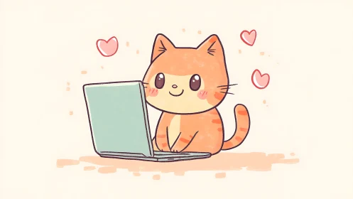 Cheerful Orange Cat Working on Laptop with Hearts.