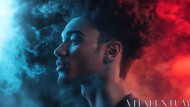 Cool profile portrait glows between vivid blue and red mist