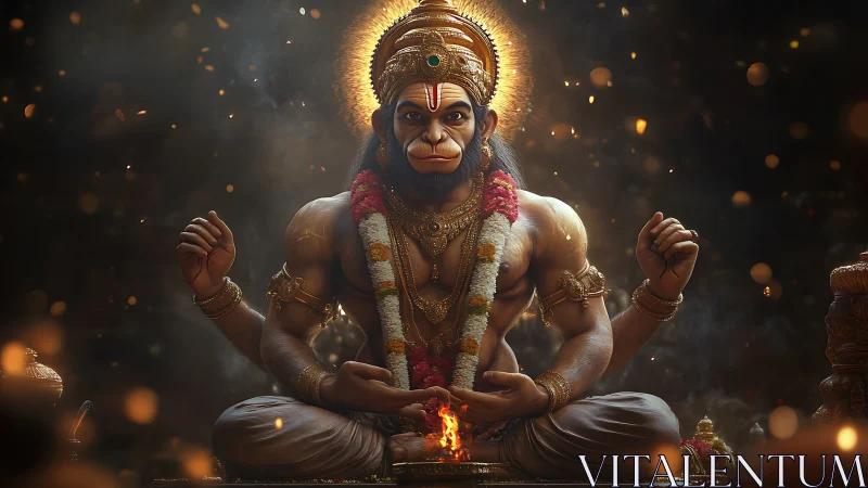 Radiant divine monkey figure in fiery meditative stillness.