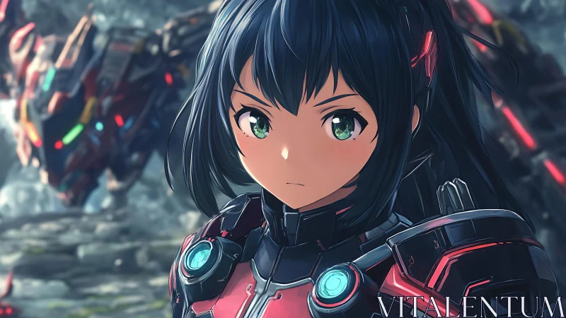 Armored mecha pilot with intense emerald gaze, battle ready