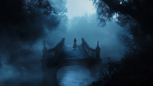 Lone figure crosses a misty bridge under deep blue twilight