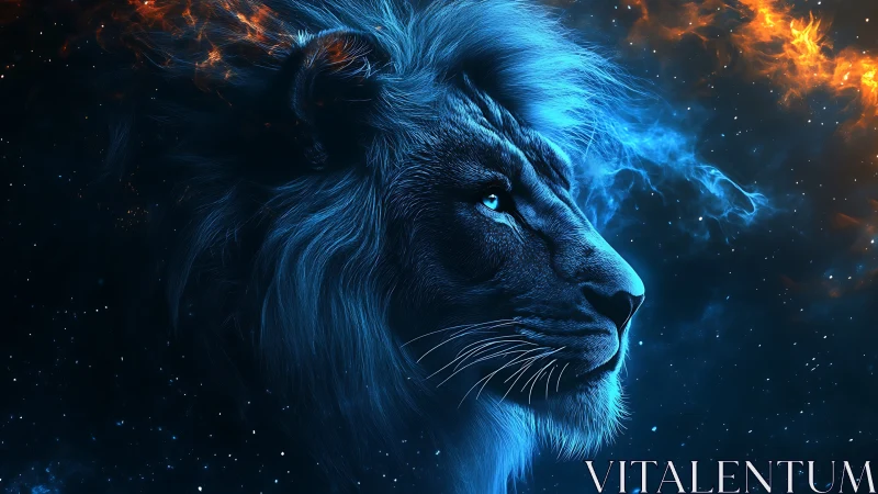 Celestial blue lion gazing bravely into the starry cosmos.