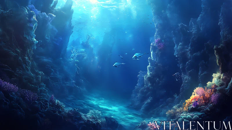 Silent sapphire canyon where drifting reef spirits wander.