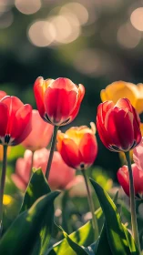 Red and Yellow Tulips in Garden Sunlight.