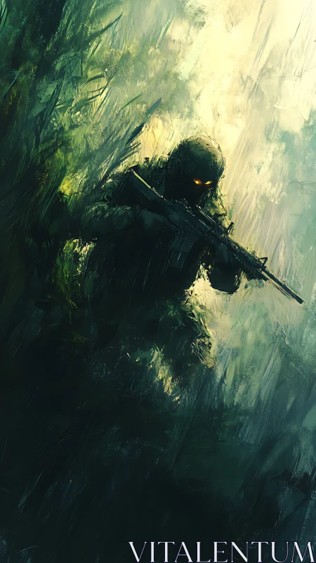 Digital painting of stealth operative in luminous jungle gloom.