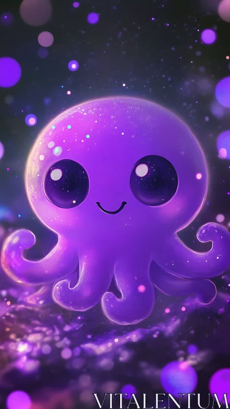 Digital painting of luminous kawaii purple octopus character.