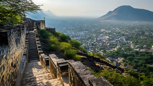 Stone fortress rampart and stairway overlook dense valley settlement