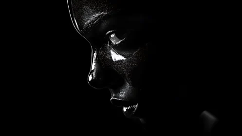 Specular cybernetic face profile in high-contrast darkness.