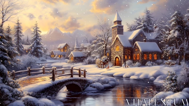 Winter chapel aglow beside a starlit river of quiet snow.