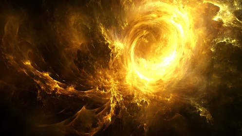 Golden cosmic vortex swirls through luminous dark void.