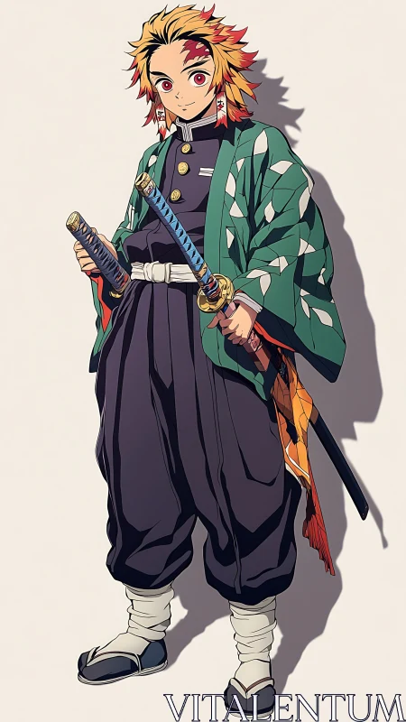 Flame-haired anime swordsman poses confidently in uniform.