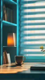 Sunlit coffee cup quietly anchors a turquoise reading nook