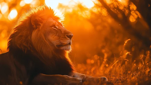 Male lion in warm golden-hour backlight on savanna grassland