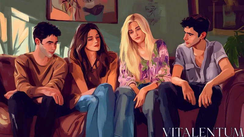 Friends share a quiet, heartfelt moment on a cozy sofa.