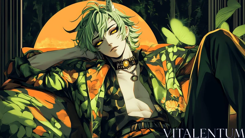 Relaxed forest spirit in floral silk under a golden moon.