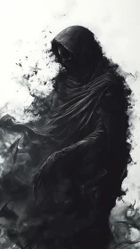 Hooded wraith emerges from swirling black smoke and shadow.