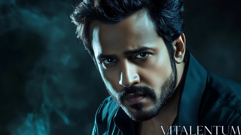 Intense bearded portrait in moody blue studio lighting.