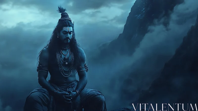 Moonlit mountain yogi in storm-kissed divine stillness.