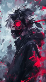 Masked cyberpunk youth with red headset in dynamic profile.