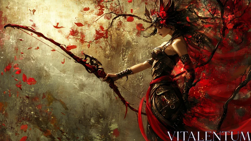 Warrior archer goddess amid swirling red petals and steel.