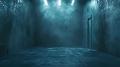 Empty concrete room with overhead lights and closed door.