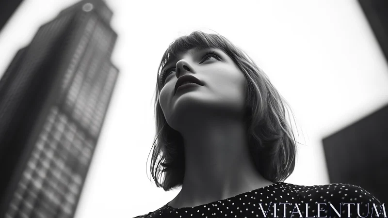 Woman looks upward between tall city skyscrapers in monochrome.