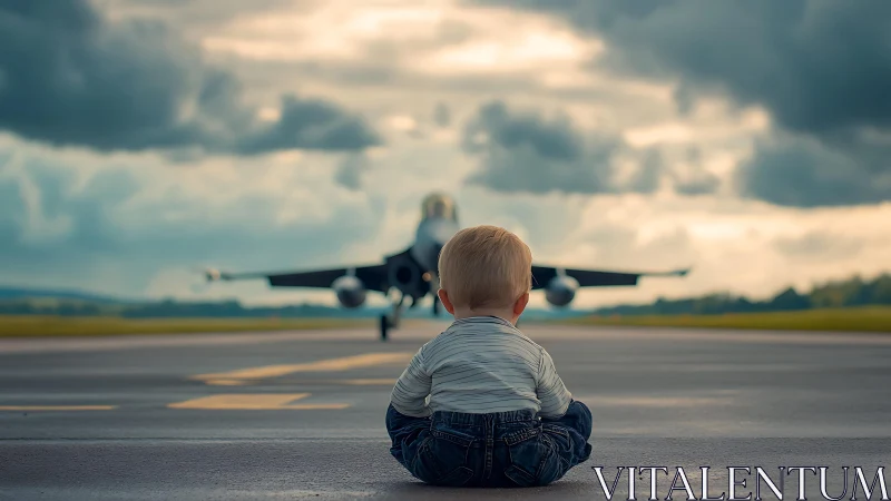 Toddler Watching Fighter Jet on Runway