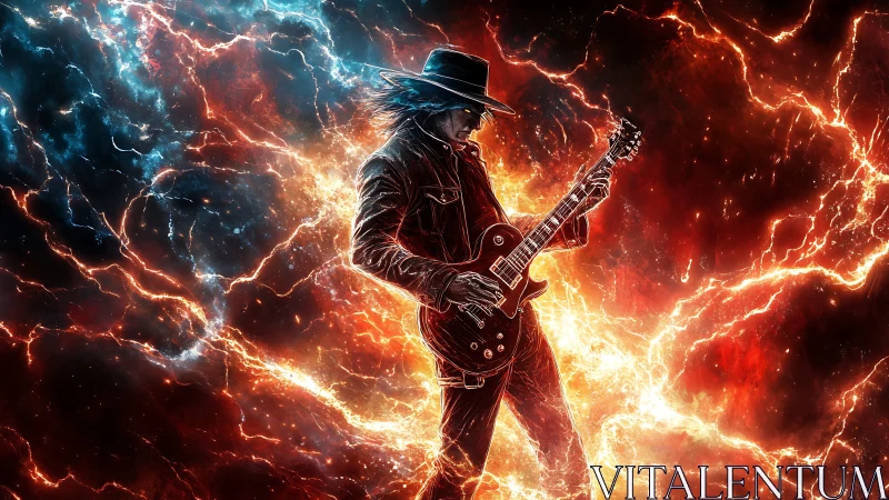 Electric guitar hero engulfed in cosmic firestorm glow.