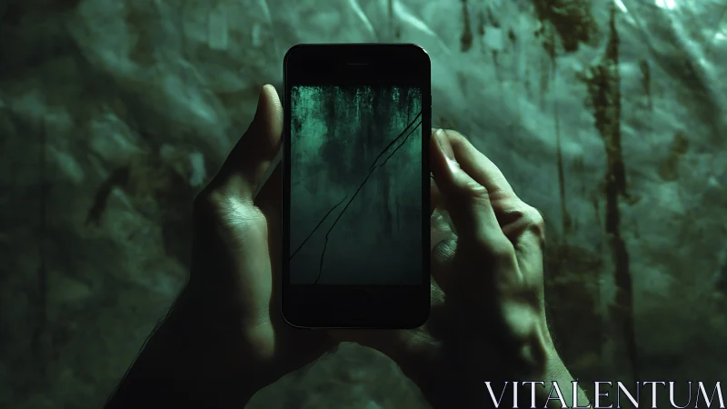 Cracked smartphone glows eerily in dim green shadows