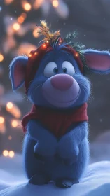 Blue winter creature smiles softly under warm lights