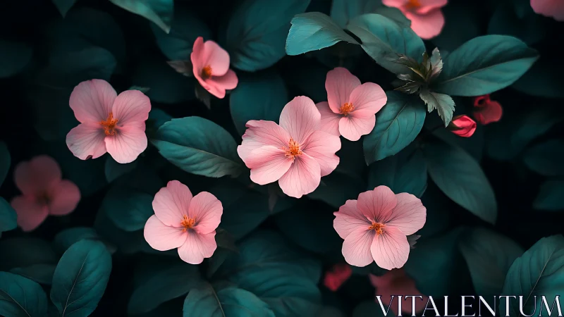 Soft pink blossoms resting gently on deep teal leaves.