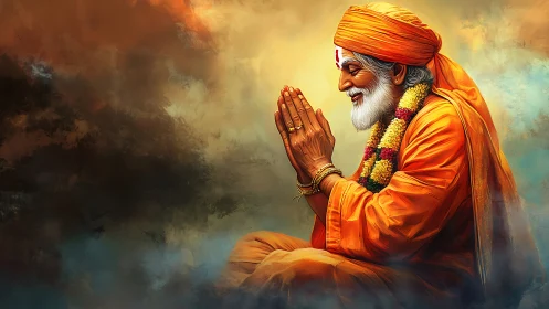 Elderly Indian holy man in prayerful pose in orange robes.