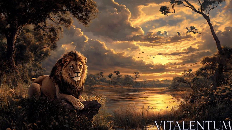 Lion watches golden river under storm lit savanna sky.