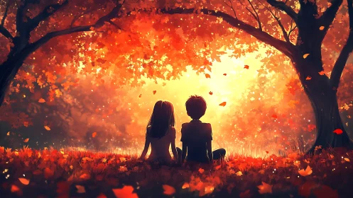 Autumn-lit children beneath fiery trees at sunset glow.