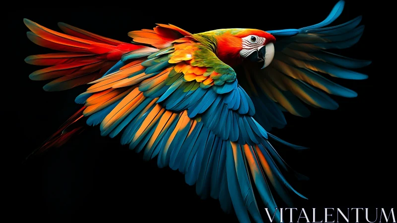 Vivid Scarlet Macaw in Flight Against Black Background, Realistic Art.