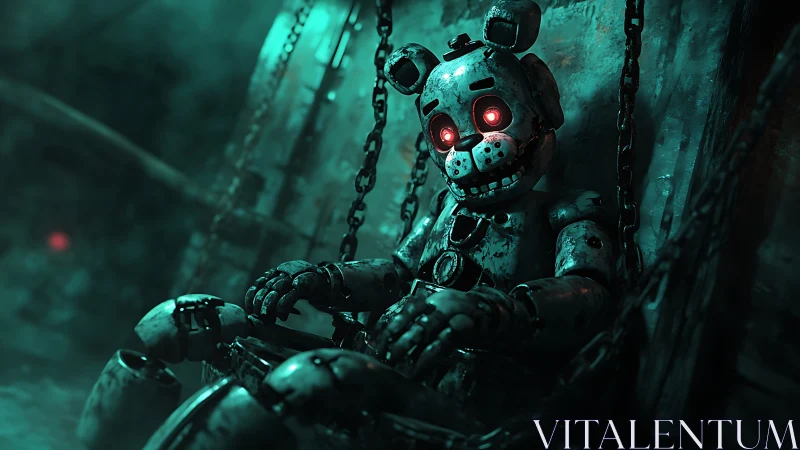 Decommissioned animatronic bear with red optics in chains