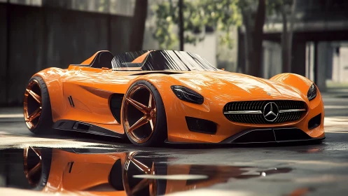 Orange Mercedes roadster concept in urban daylight reflection.