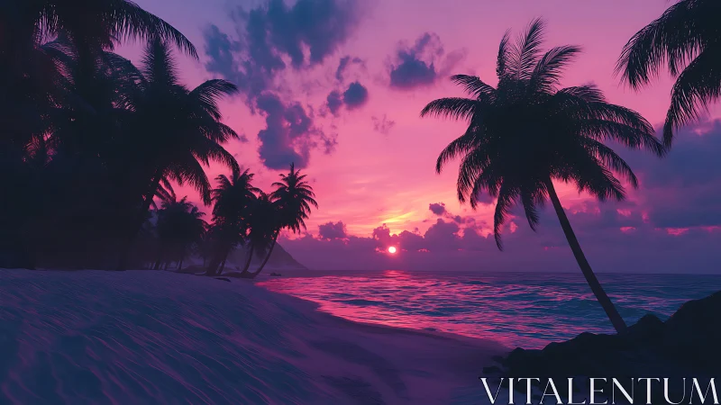 Dreamy tropical shoreline glowing in electric sunset hues.