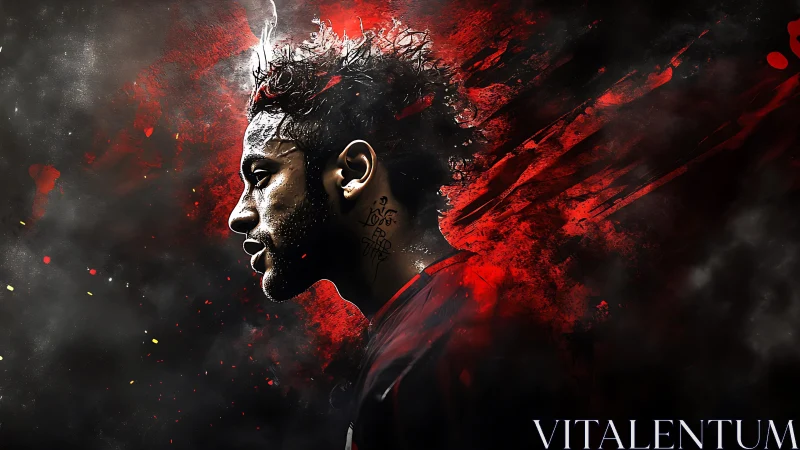 Dynamic digital portrait with explosive red motion streaks.