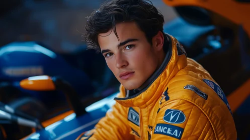 Portrait shows racing driver in yellow suit beside formula car