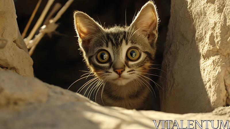 Tabby Cat Peering Through Stone Archway at Night
