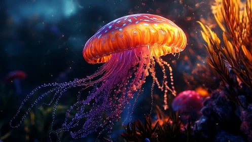 Glowing jellyfish drifts gently through a colorful night sea