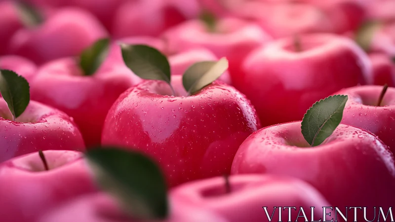 Close view of multiple red apples with leaves and droplets.