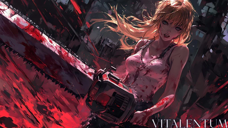 Female figure operates large chainsaw amid red debris