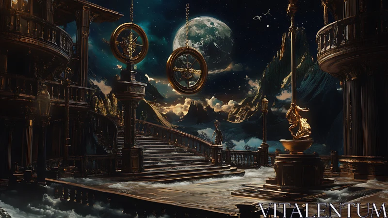 Moonlit celestial palace with stairway to the stars.