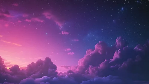 Vibrant purple night sky over glowing cloud horizon.