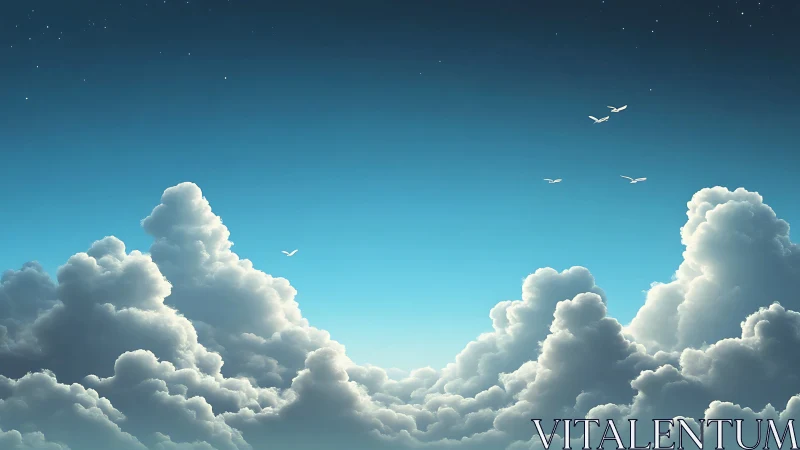 Layered cumulus clouds rise beneath clear blue sky with birds