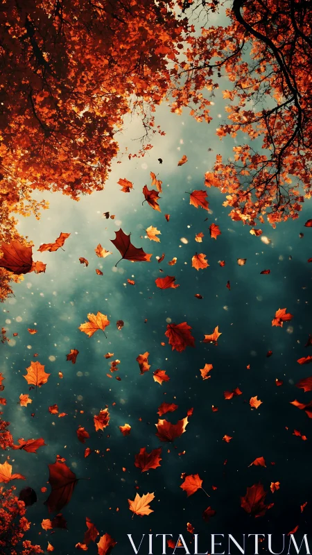 Golden autumn leaves drifting gently through twilight sky.