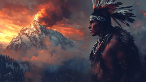 Volcanic alpine peak and feathered warrior in cinematic dusk.