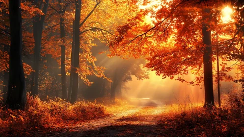 Autumn Forest Path Bathed in Golden Sunlight